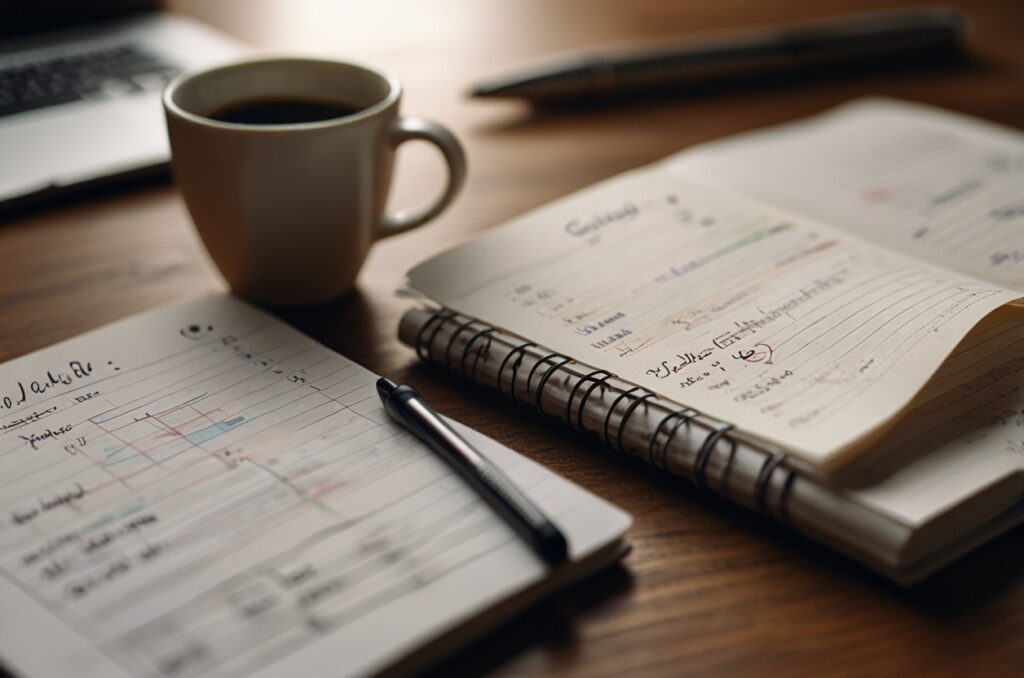 Mesa com caderno aberto mostrando anotações e planejamento de tarefas, acompanhado por uma xícara de café e canetas.