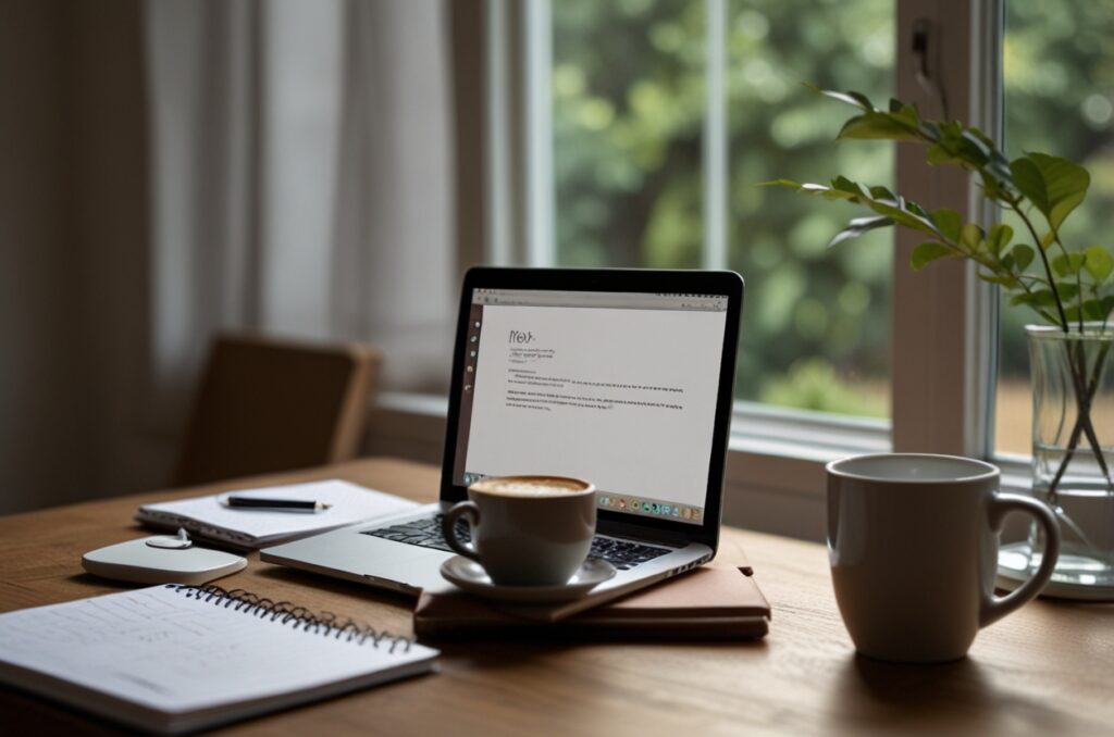 Laptop sobre uma mesa com caderno, xícara de café e plantas ao fundo, próximo a uma janela iluminada.