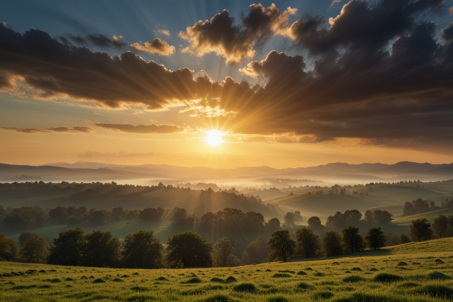 O nascer do sol iluminando o céu e a terra, simbolizando um novo começo.