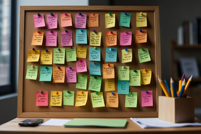 Quadro de notas com frases motivacionais simples e acolhedoras em uma mesa de trabalho